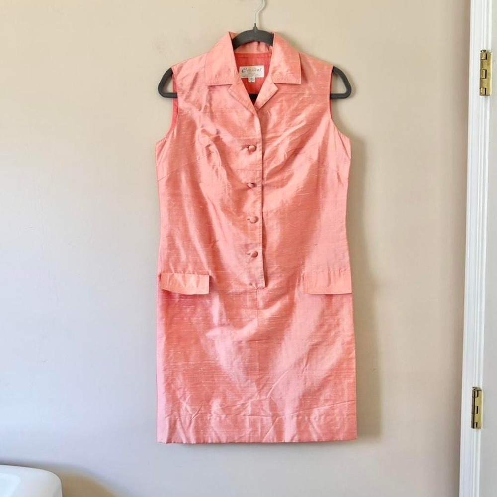 Vintage 60s peach pink raw silk mod mini dress small‎ shift button tank pink